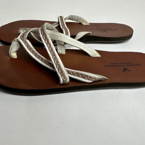 American Eagle Outfitters AEO Leather Flat Strappy White Bronze Sandals Womans 8 - Picture 3 of 6